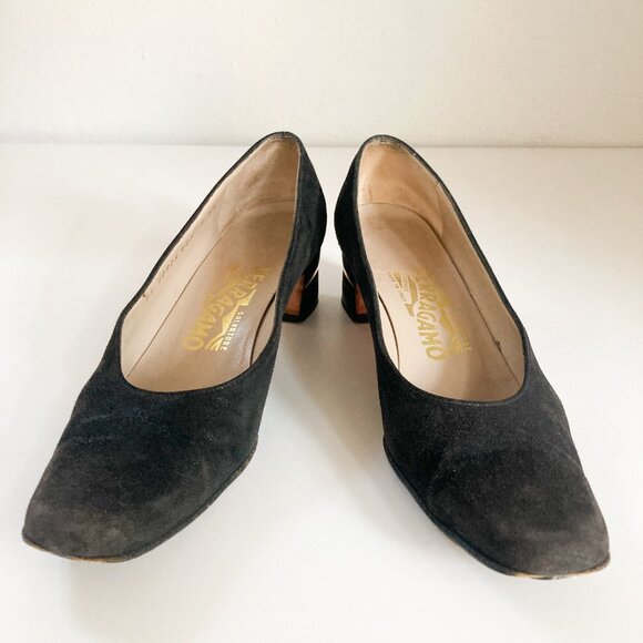 Ferragamo Black Suede 'Cinzia' Block Heel Shoes, Women S 7 - Picture 2 of 10